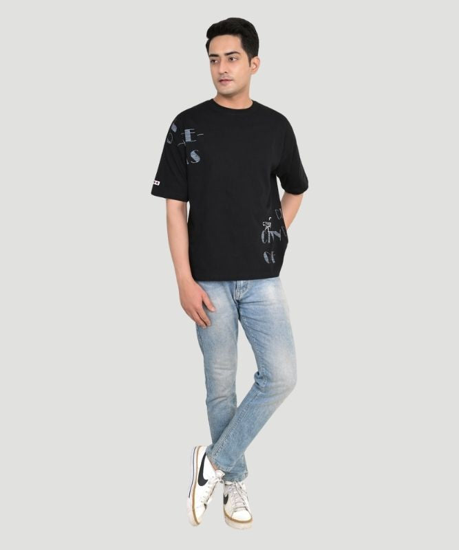 Men's Black Typography Half Sleeves Oversized Fit T-Shirt